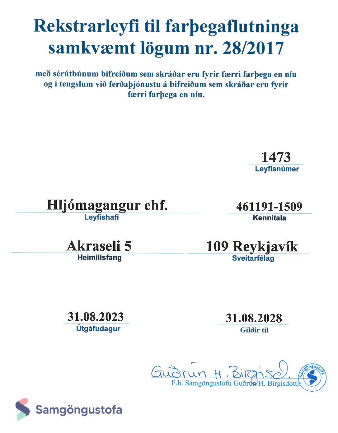 Hinrik D. Bjarnason license certificate